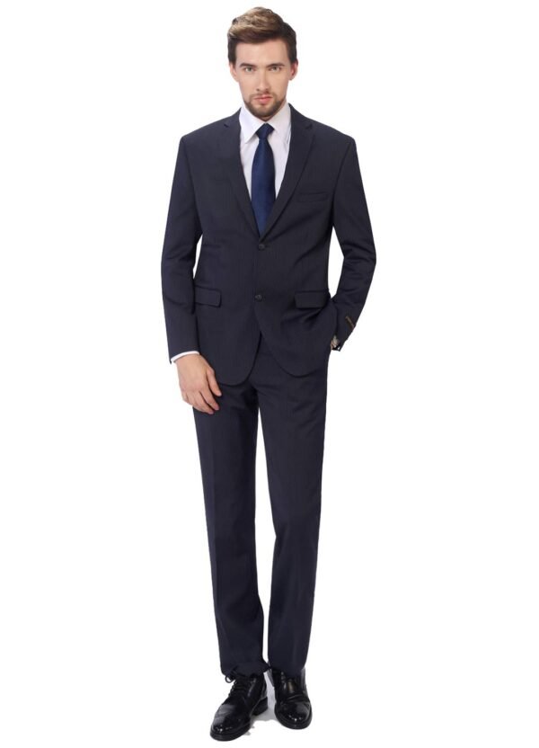 P&L Men's Slim Fit Wool Blend 2-Piece Suits Single Breasted 2 Button Dress Flat Front Pants Set Navy Stripe