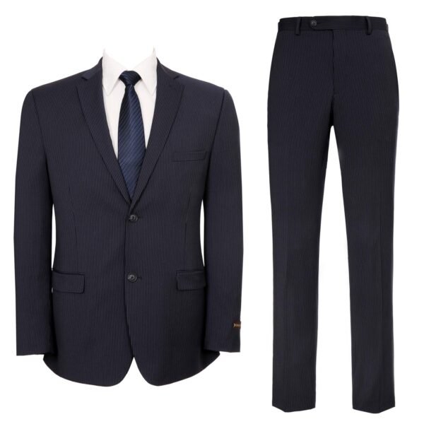 P&L Men's Slim Fit Wool Blend 2-Piece Suits Single Breasted 2 Button Dress Flat Front Pants Set Navy Stripe - Image 2
